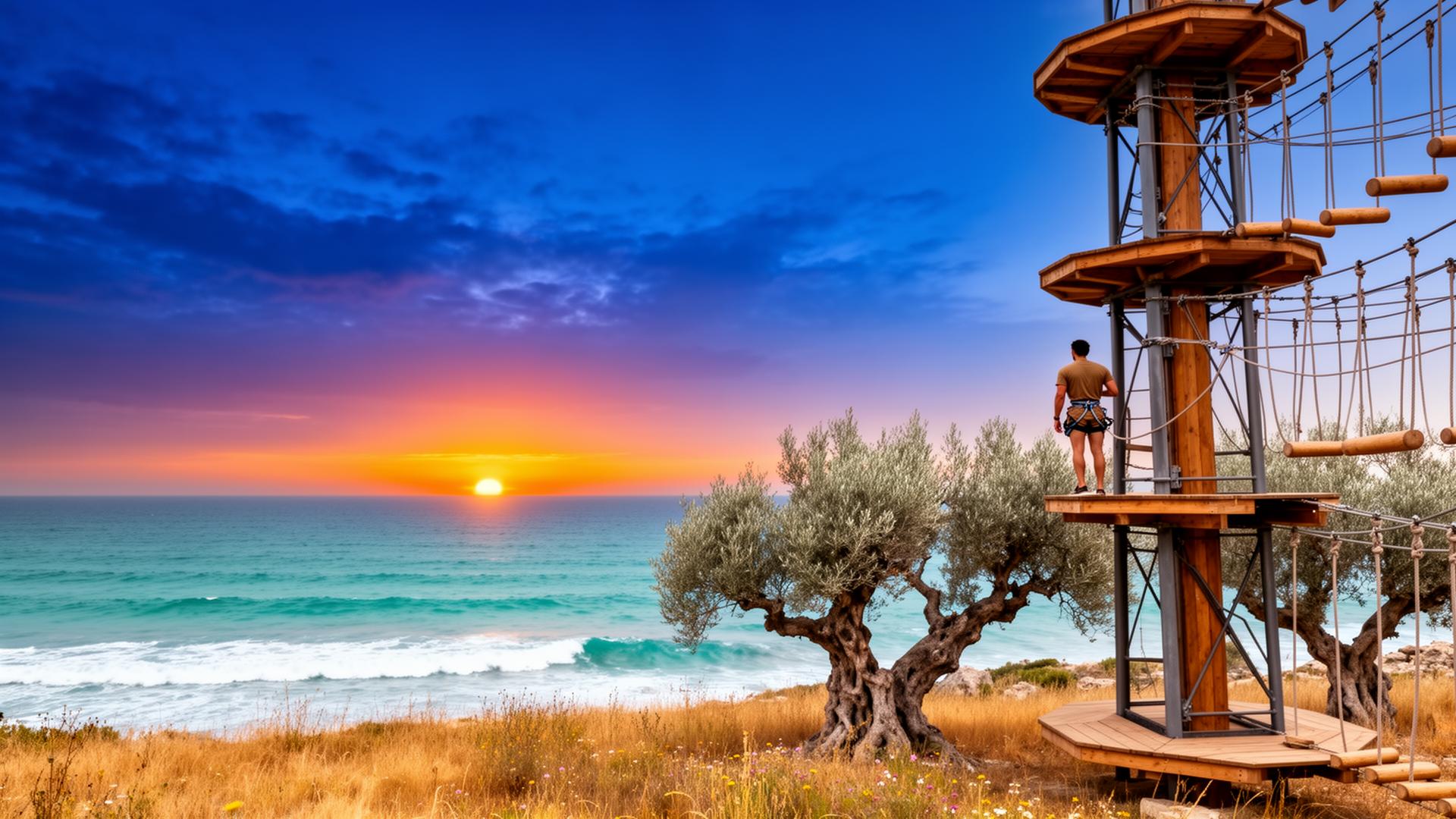 A child ziplining through Cyprus pines at sunset